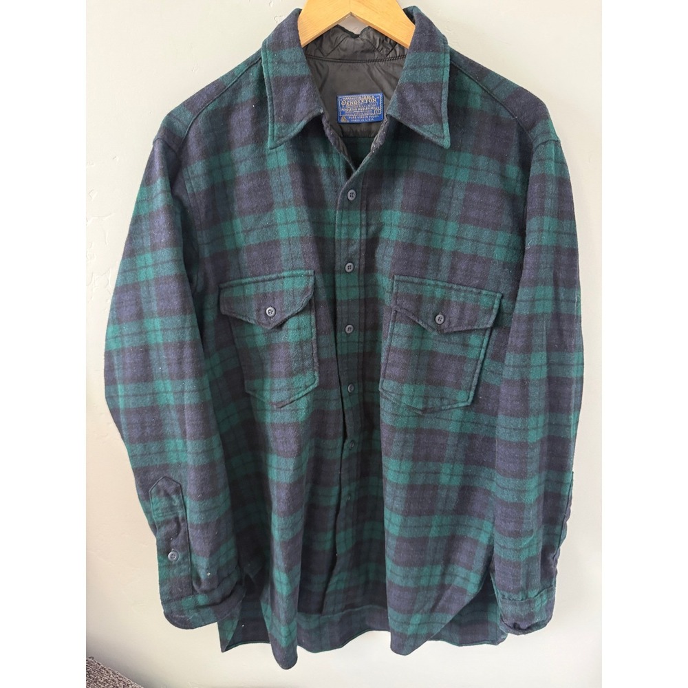 70's Pendleton Wool Black Watch Tartan Plaid‎ Board Shirt Mens 17 Green Flannel